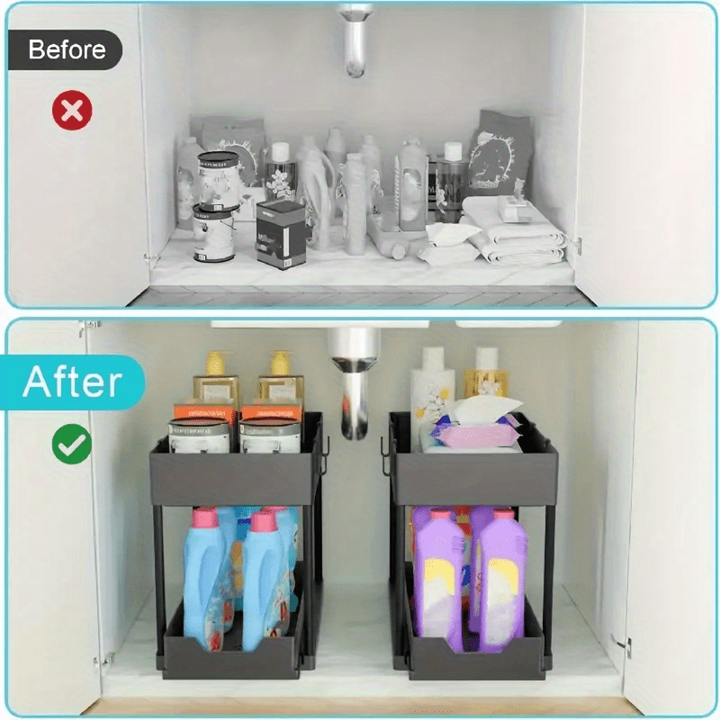 1pc Under Sink Storage Organizer - Bathroom Kitchen Cabinet Organizer with Sliding Drawer, 2-Tier Basket, Hooks, Storage Cup, and Home Kitchen Accessories for Maximum Space Utilization and Easy Cleaning