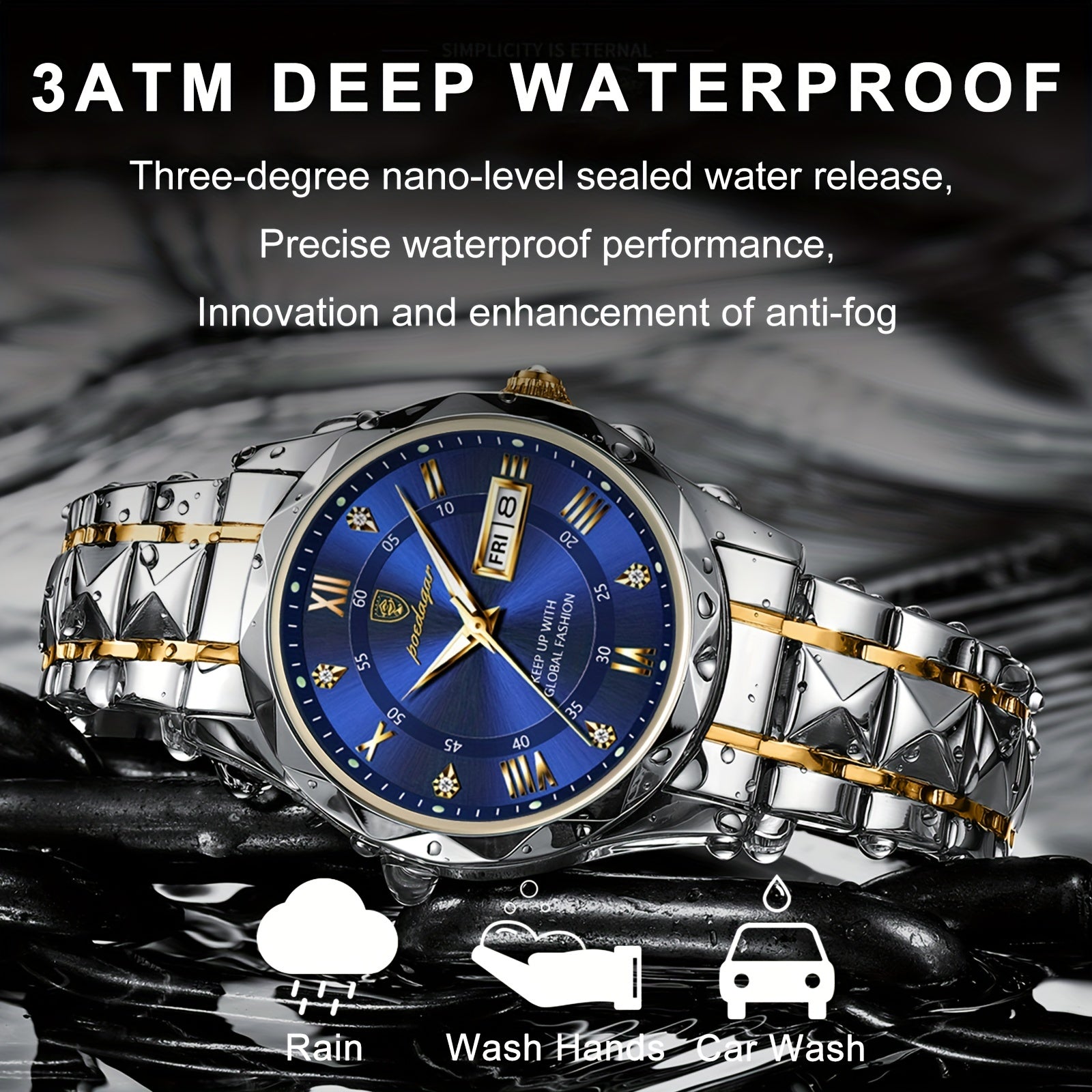 POEDAGAR Fashion Men's Watch Quartz Watches Waterproof Glow Calendar Luxury Stainless Steel Men's Watch, Ideal choice for Gifts