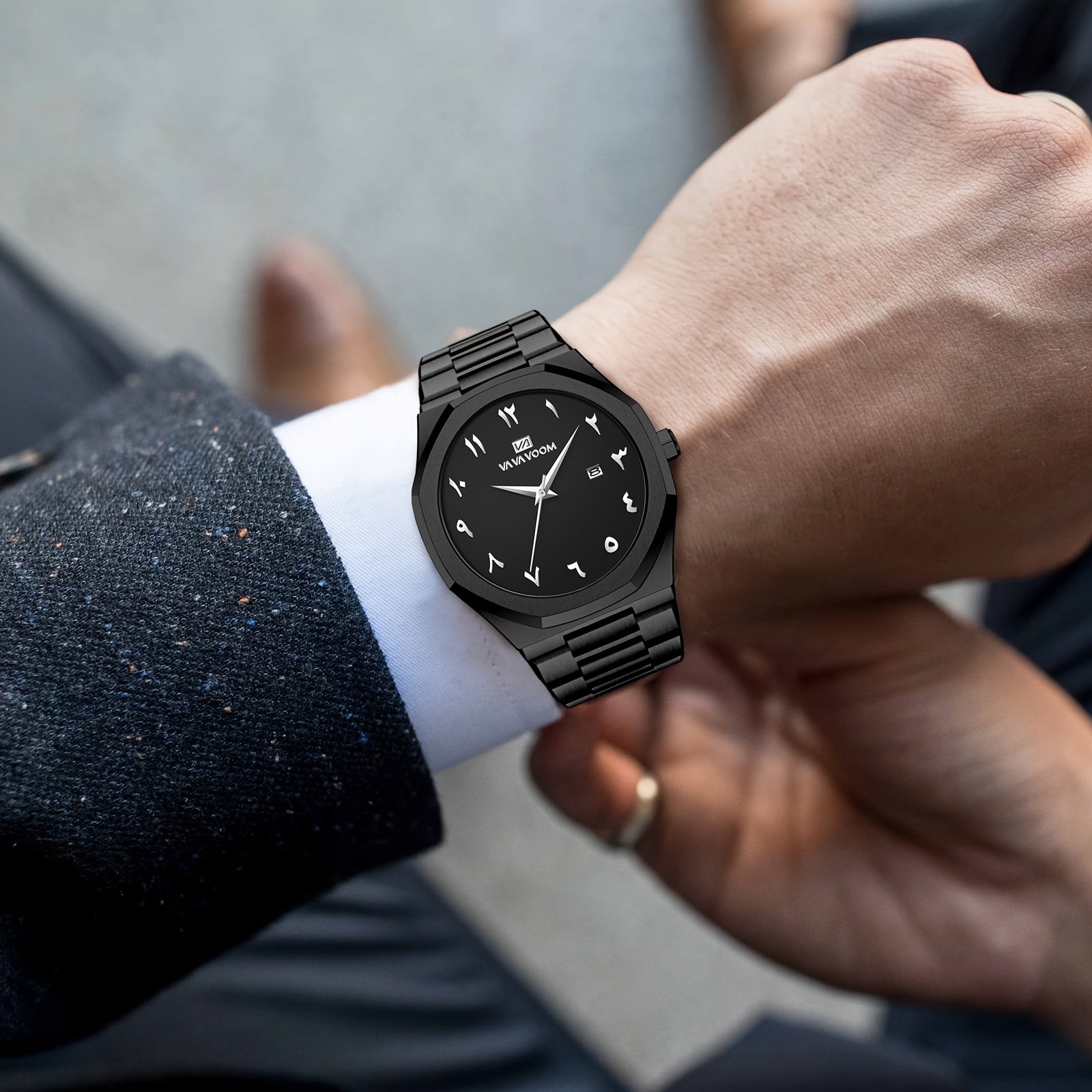 [Luxury Men's Watch] VA VA VOOM Luxury Men's Watch | Stainless Steel Black & Golden Chronograph with Arabic Numerals, Quartz Movement, Elegant Business Style | Perfect Gift for Dad, Husband, Boyfriend on Father's Day, Valenti