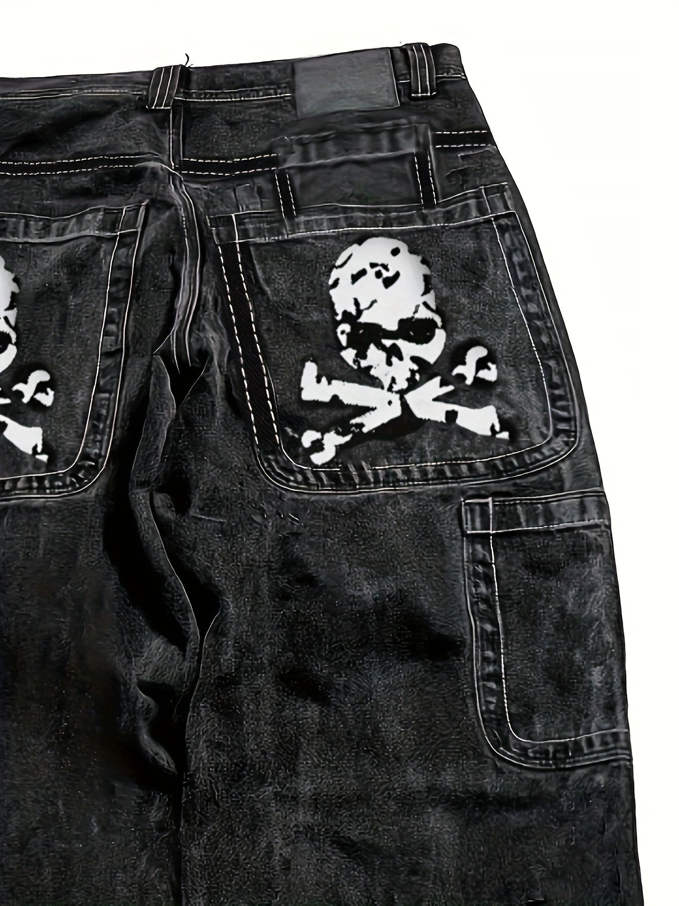 1pc Y2K Street Style Skull Print Multi-Pocket Denim Jeans, Cotton Blend, Non-Stretch Fabric, Regular Fit, All-Season, Halloween Pattern, Woven, Regular Length - 30% Cotton, 27% Rayon, 43% Polyester