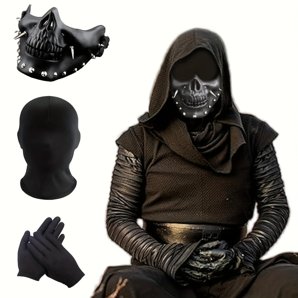 Cosplay Master Kit - Durable Full Face Mask, Half Skull Mask, and Hand Coverings with Sleek Design, Black Finish, Versatile for Halloween, Performance, LARP, Parties, and Events - Premium Plastic Construction, Comfortable Wea