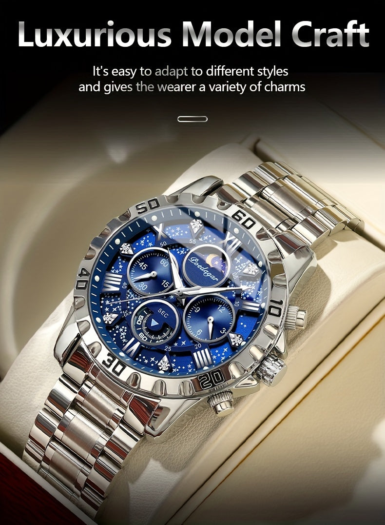 [New Business Water Resistance Watch] POEDAGAR 2024 New Business Executive Men's Quartz Chronograph Watch with Water Resistance, Night Light, and Stainless Steel Band