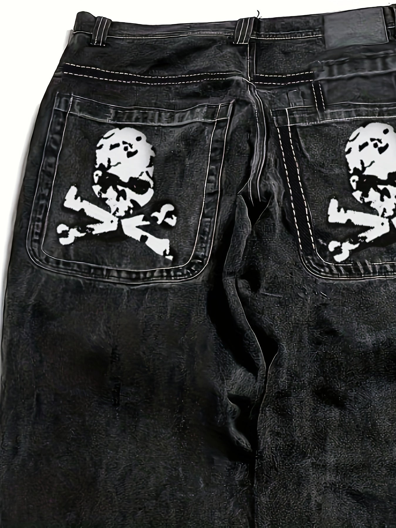 1pc Y2K Street Style Skull Print Multi-Pocket Denim Jeans, Cotton Blend, Non-Stretch Fabric, Regular Fit, All-Season, Halloween Pattern, Woven, Regular Length - 30% Cotton, 27% Rayon, 43% Polyester
