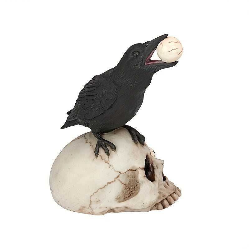 1pc Lifelike Raven & Skull Eyeball Decor, Spooky Halloween Scene Prop - Durable Resin, Perfect for Haunted Houses, Bars, and Secret Rooms - Creepy Skull Head Ornament with Realistic Feathered Texture