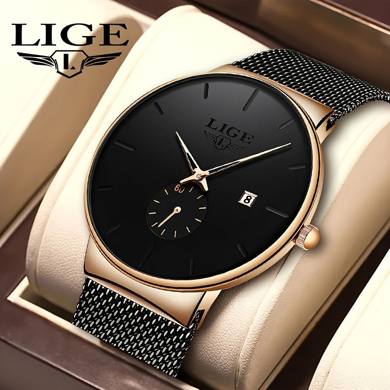 LIGE Fashion Men's Watch Top Brand Luxury Quartz Watch Men's Casual Ultra-thin Mesh Steel Sports Watch