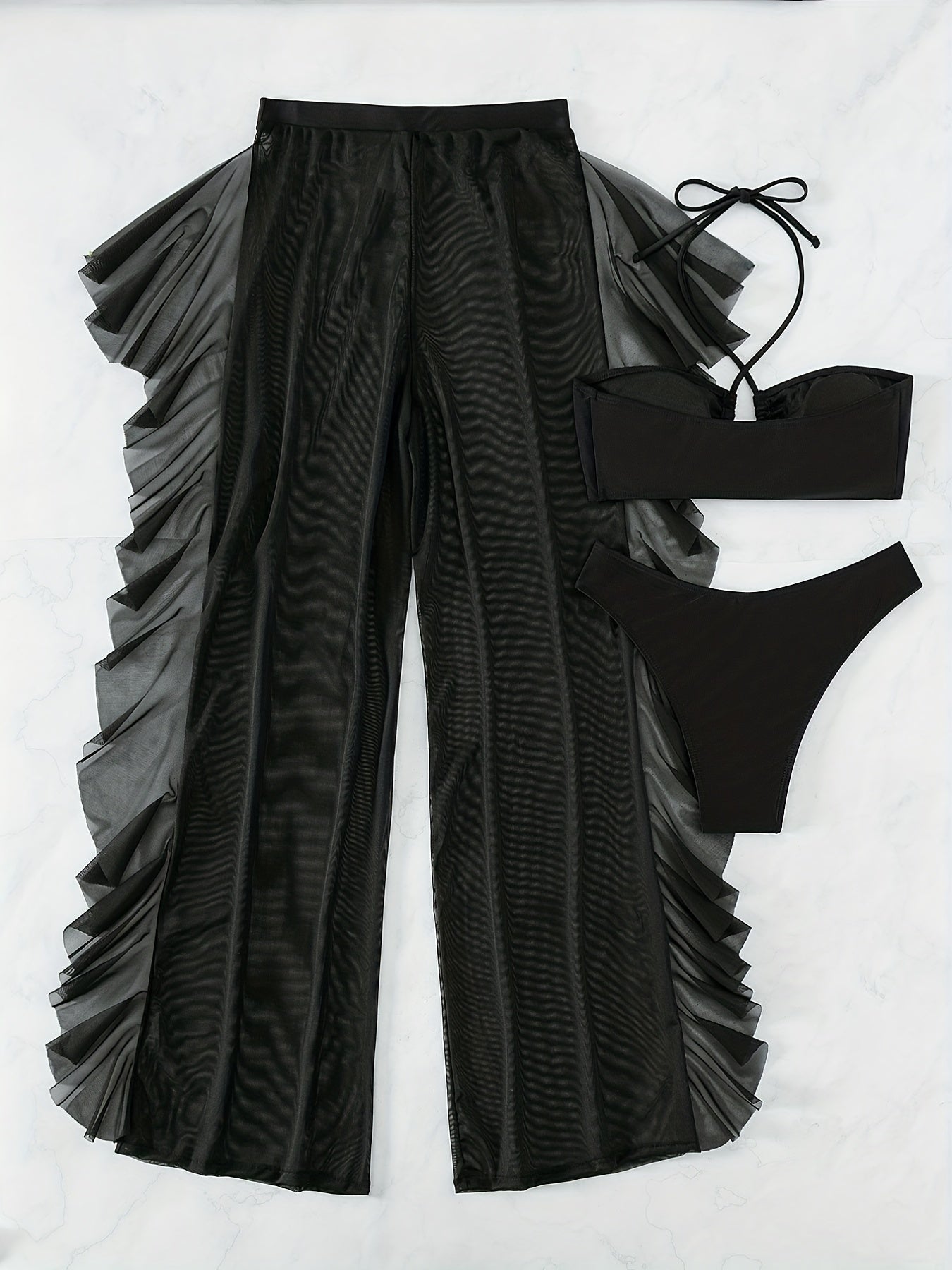 [Sexy Mesh Bikini] Three-piece Sexy Black Mesh Bikini Swimsuit Women's Pure Fashion Gathered Cross-Band Panty