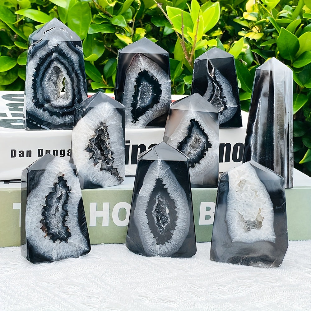 1PC Natural Black Onyx Geode Agate Point Crystal - Unique DIY Home Decor, Jewelry Making, Party Decoration Accent for Birthday, Halloween, Christmas