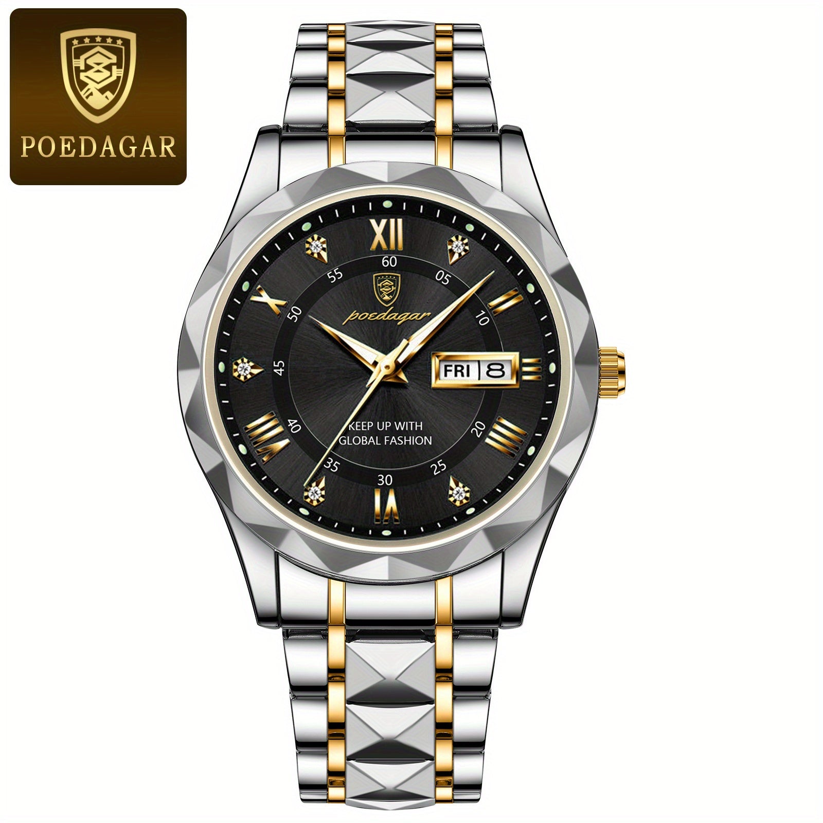 POEDAGAR Fashion Men's Watch Quartz Watches Waterproof Glow Calendar Luxury Stainless Steel Men's Watch, Ideal choice for Gifts