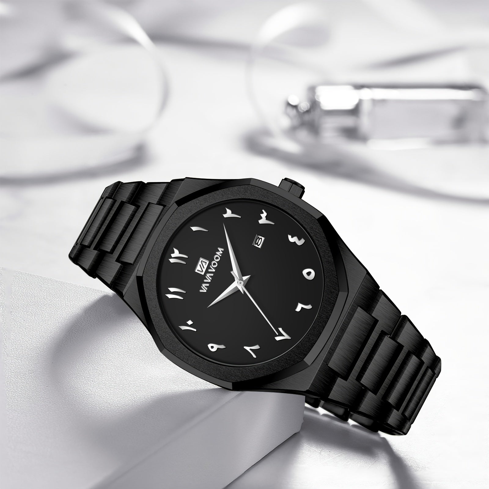 [Luxury Men's Watch] VA VA VOOM Luxury Men's Watch | Stainless Steel Black & Golden Chronograph with Arabic Numerals, Quartz Movement, Elegant Business Style | Perfect Gift for Dad, Husband, Boyfriend on Father's Day, Valenti