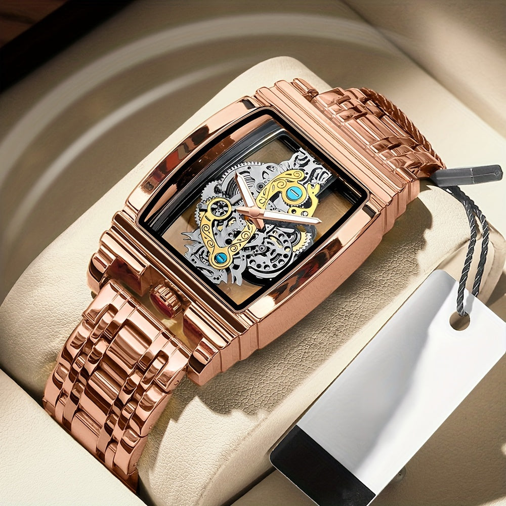 Sleek Luxury Men's Quartz Watch - Stainless Steel Band, Luminous Dial, Hollow-Out Design, Folding Clasp