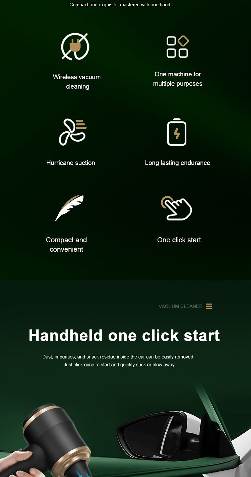 Handheld wireless portable vacuum cleaner, rechargeable, 2000 * 2 milliampere battery, suction force 5000Pa, integrated blowing and suction, suitable for multifunctional high-power small home appliance vacuum cleaners in auto