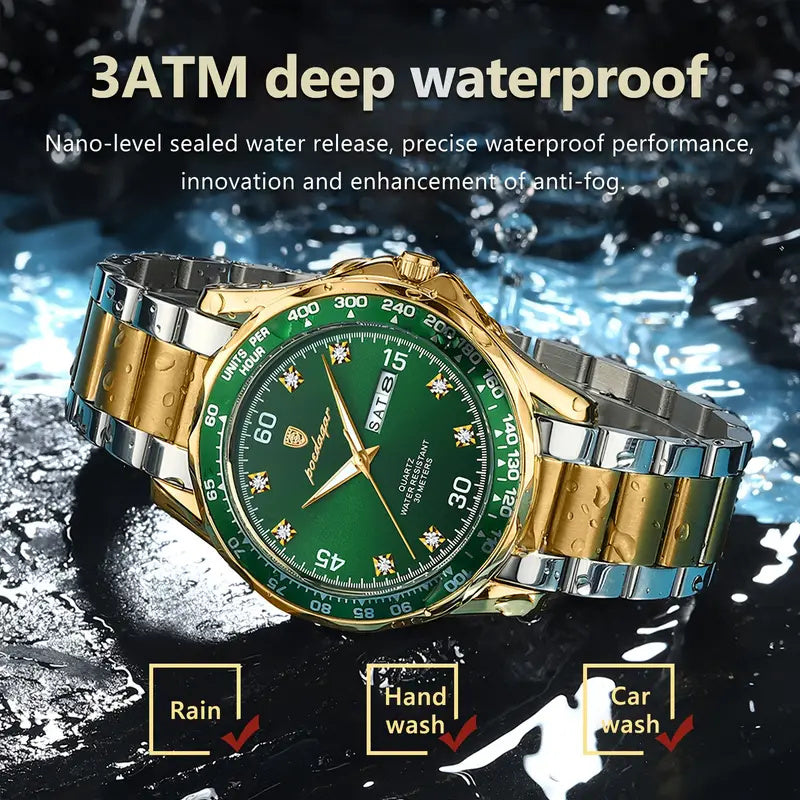 1pc POEDAGAR Luxury Analog Quartz Watch with Chronograph, Green Dial & Golden Hands - /Alloy Case, High Quality 1181.1inch, Night Light, Multi-Dial (Day/Date/Day of Week/Date of Month) - Elegant Women's & Men's Watch for Wedd