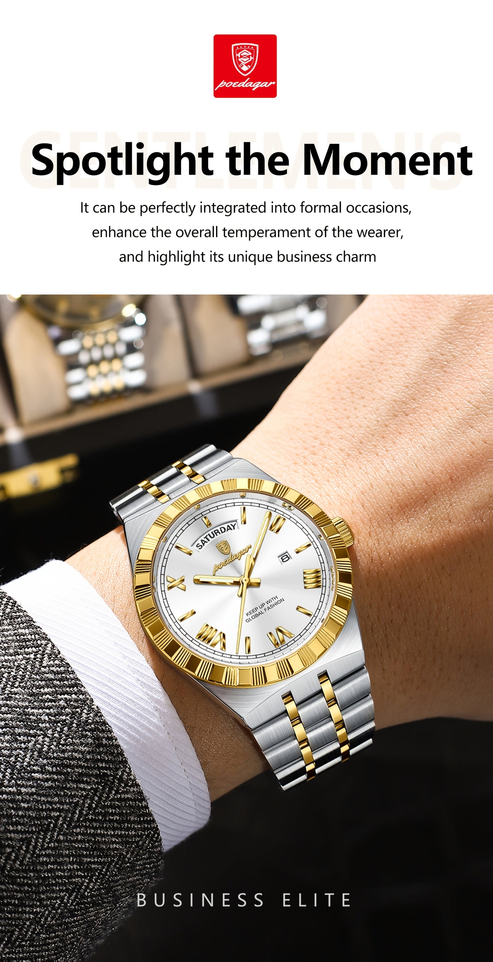 Business Trend Men's Watch Waterproof Calendar Week Stainless Steel Quartz Wristwatch