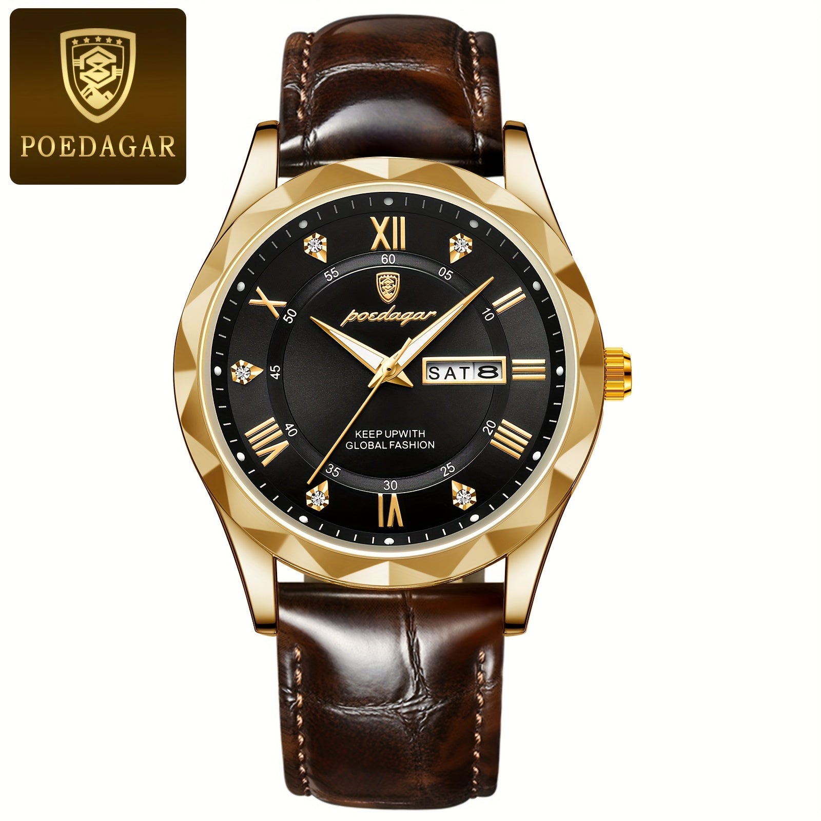 1pc POEDAGAR Men'S Casual Waterproof Luminous Dual Calendar Quartz Watch, Round Alloy Case, PU Leather Strap, Analog Display, 3ATM Dive Resistance, Battery Operated (Non-Rechargeable)
