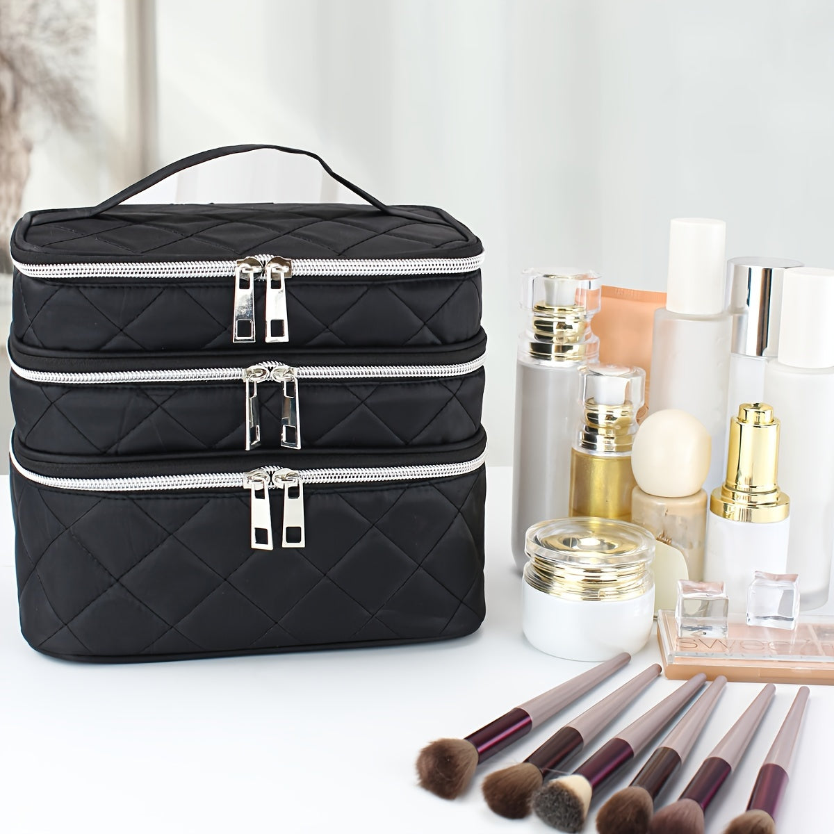 Large Capacity Black Rhombus & Travel Organizer Handbag - 3-Tier/Double-Layer Portable Makeup Case with Golden-Tone Zippers, White Piping Trim, Durable Multi-Compartment Storage for, Spacious for Brushes, Lipstick, Electronic