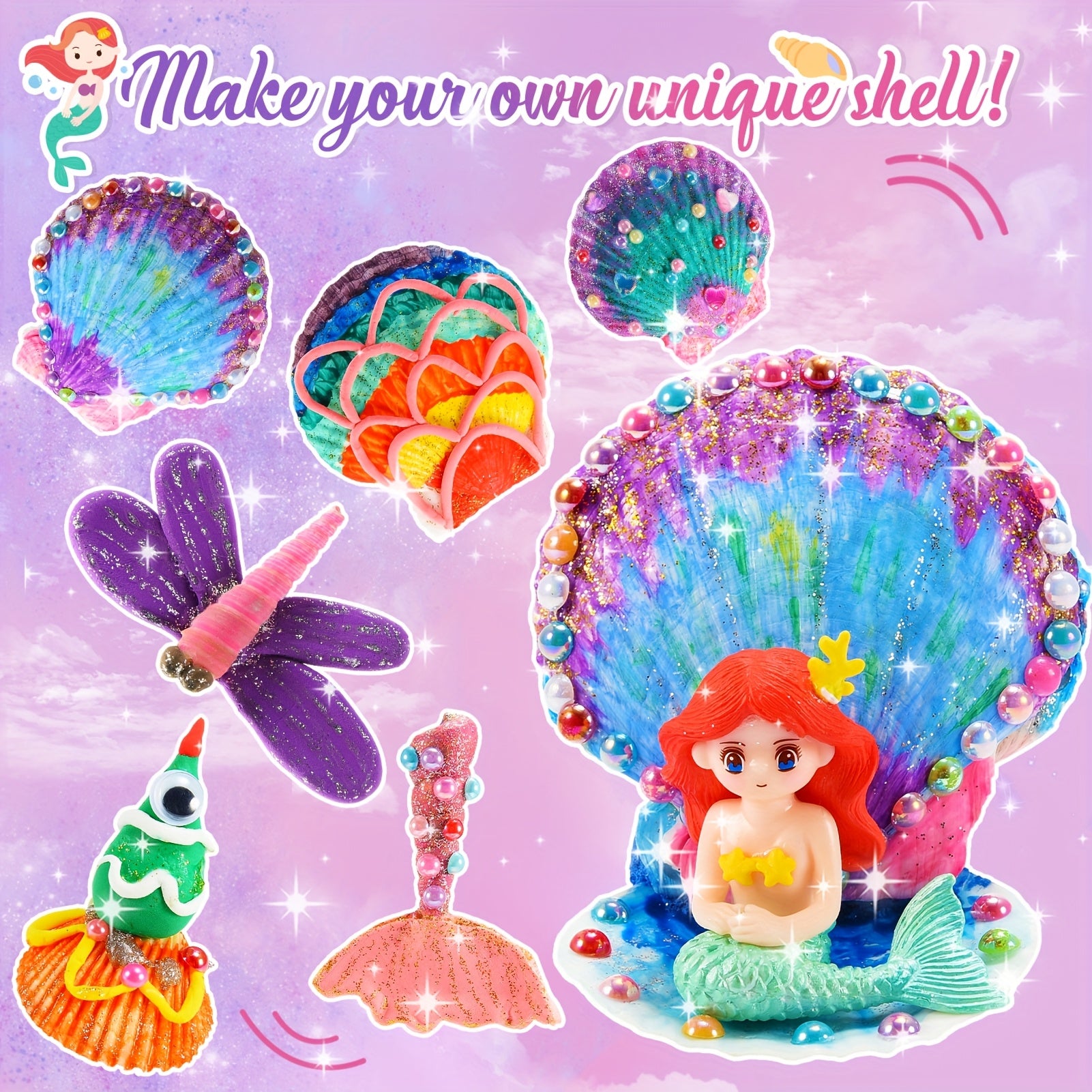 Easter Basket Stuffers 17pcs Seashells Art And Craft Kits for Kids, Age 3-10 Gifts Toys Girl Gifts Birthday Presents Air DIY Clay for Kids Mermaid Toys Kids Painting Set