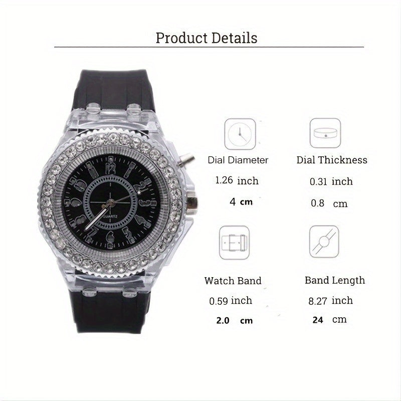 Glow-in-the-Dark LED Trendy Couple'S Watch with Crystal Embellishments, Silicone Strap, and Luminous Display - Perfect for Casual Attire, Casual Watch|Glamorous Timepiece|Polycarbonate Case