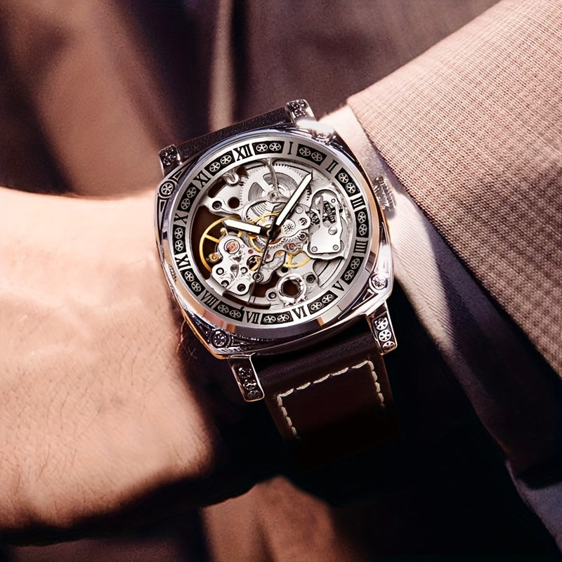Elegant Mechanical Men's Watch: Self-Winding, Waterproof, with Stylish Hollow Design - Round Dial & Precision Timekeeping