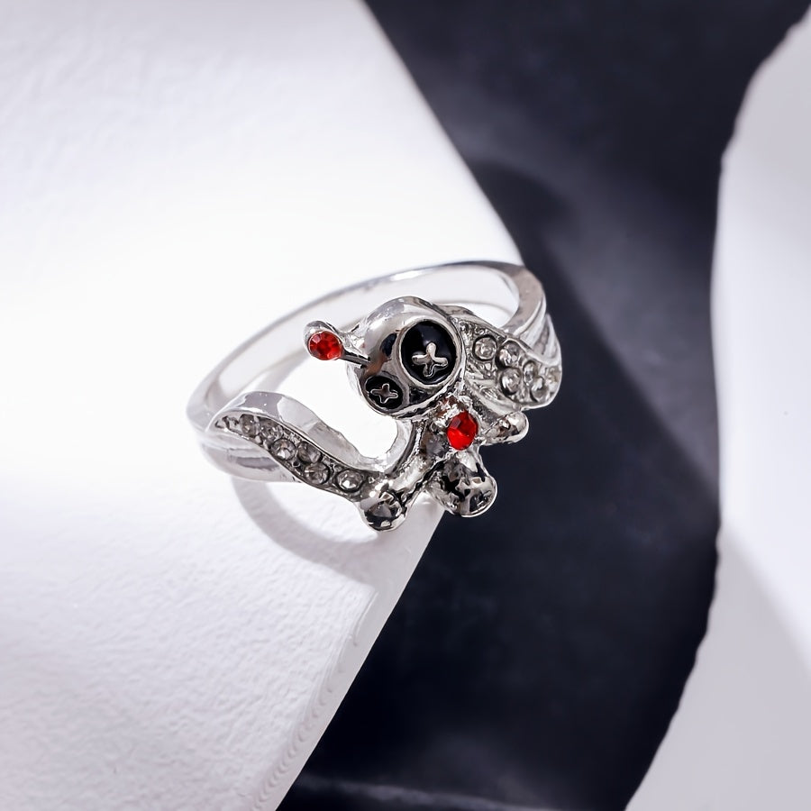 1pc Gothic Cartoon Red Heart Voodoo Doll Ring – Whimsical Devil Design with Glass & Alloy Accents, Edgy Halloween Jewelry Gift for Women, Costume Accessory | Whimsical Jewelry | Alloy Construction