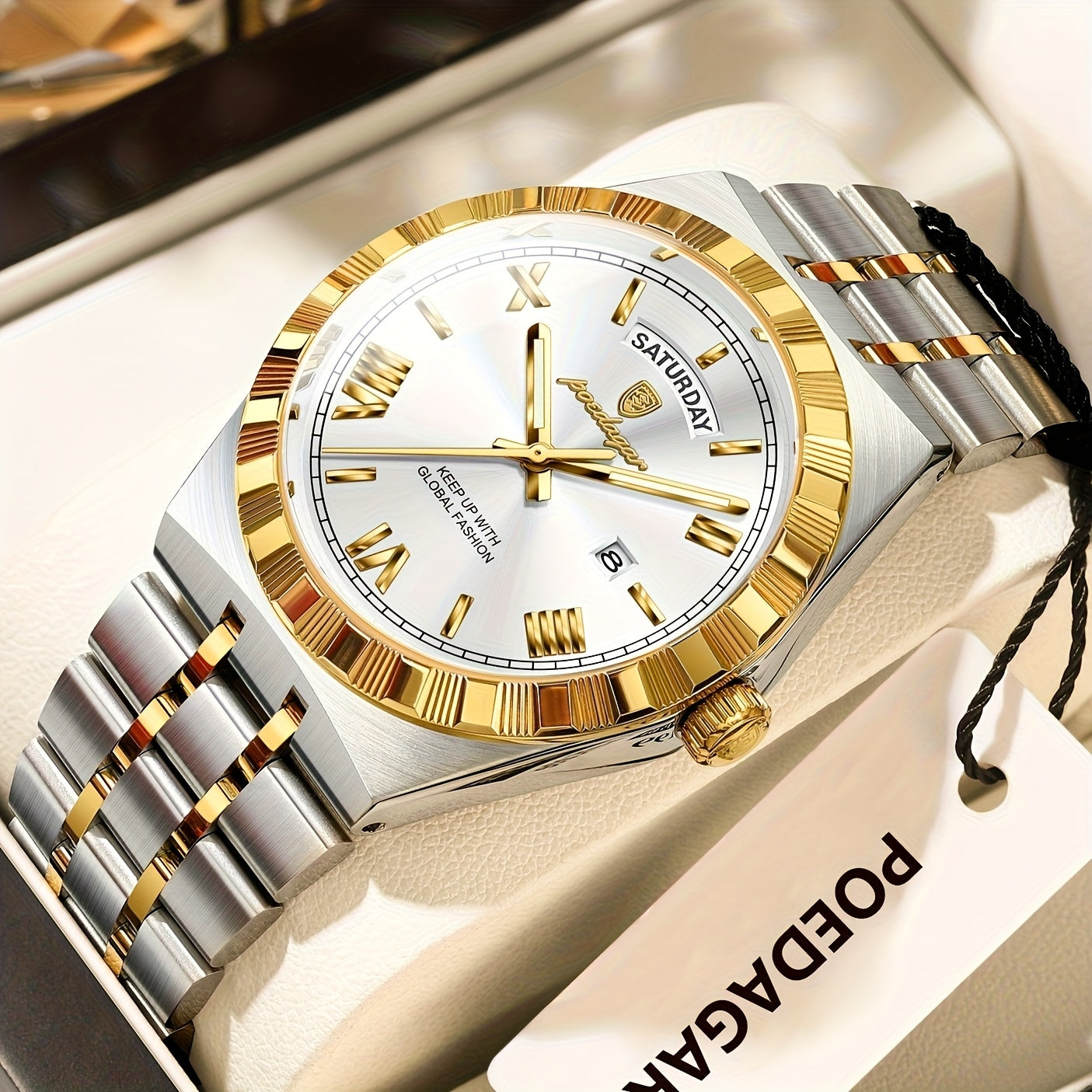 Business Trend Men's Watch Waterproof Calendar Week Stainless Steel Quartz Wristwatch