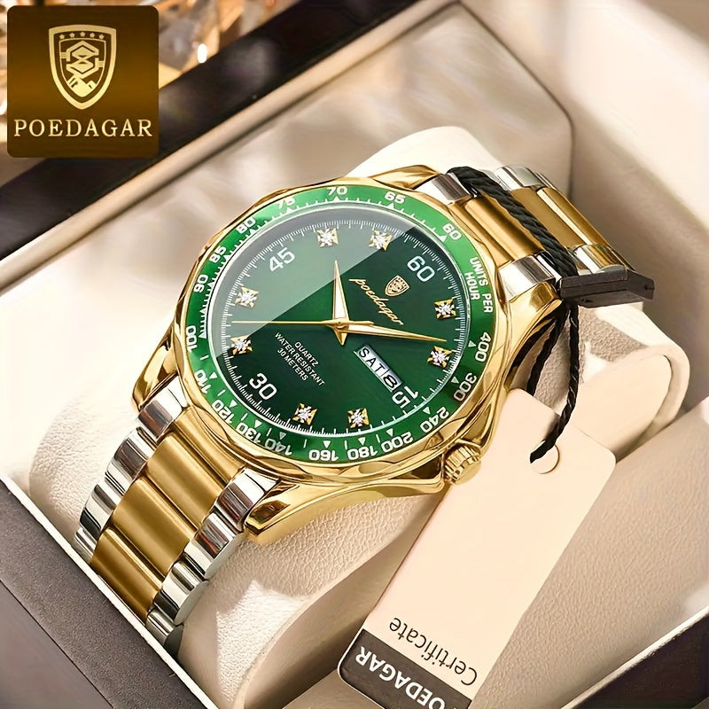 1pc POEDAGAR Luxury Analog Quartz Watch with Chronograph, Green Dial & Golden Hands - /Alloy Case, High Quality 1181.1inch, Night Light, Multi-Dial (Day/Date/Day of Week/Date of Month) - Elegant Women's & Men's Watch for Wedd