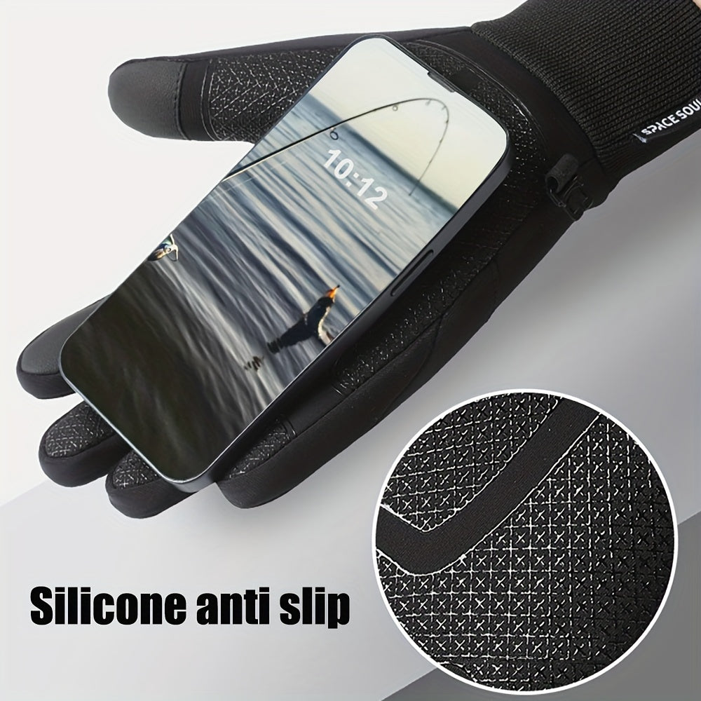 Space Souls Winter Touchscreen Gloves for Men - Water-Resistant Polyester Blend, Warm Fleece Lined, Knit Fabric, Pull-On with Hand Washable Operation - Ideal for Outdoor Sports, Cycling, Fishing, Skiing - Christmas, Halloween