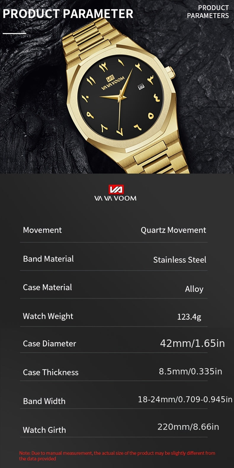 [Luxury Men's Watch] VA VA VOOM Luxury Men's Watch | Stainless Steel Black & Golden Chronograph with Arabic Numerals, Quartz Movement, Elegant Business Style | Perfect Gift for Dad, Husband, Boyfriend on Father's Day, Valenti