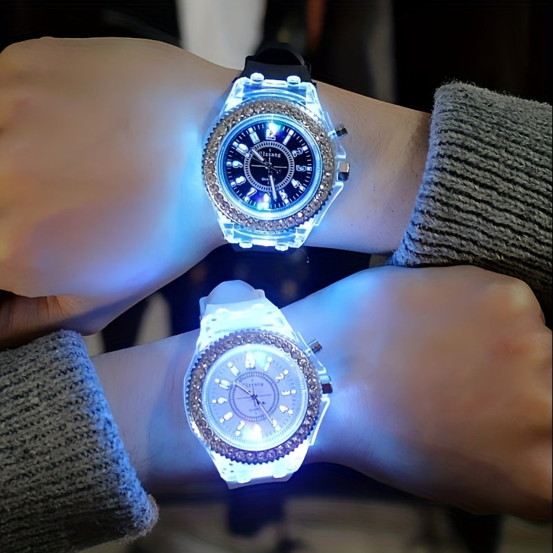 Glow-in-the-Dark LED Trendy Couple'S Watch with Crystal Embellishments, Silicone Strap, and Luminous Display - Perfect for Casual Attire, Casual Watch|Glamorous Timepiece|Polycarbonate Case