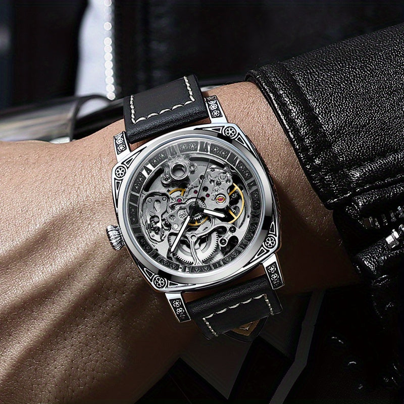 Elegant Mechanical Men's Watch: Self-Winding, Waterproof, with Stylish Hollow Design - Round Dial & Precision Timekeeping