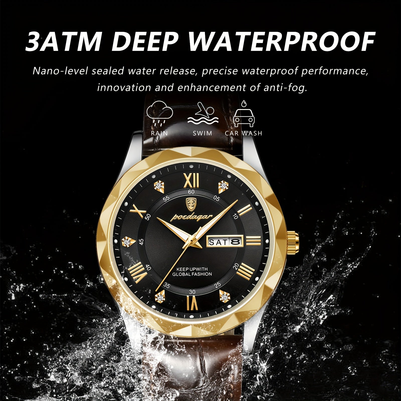 1pc POEDAGAR Men'S Casual Waterproof Luminous Dual Calendar Quartz Watch, Round Alloy Case, PU Leather Strap, Analog Display, 3ATM Dive Resistance, Battery Operated (Non-Rechargeable)