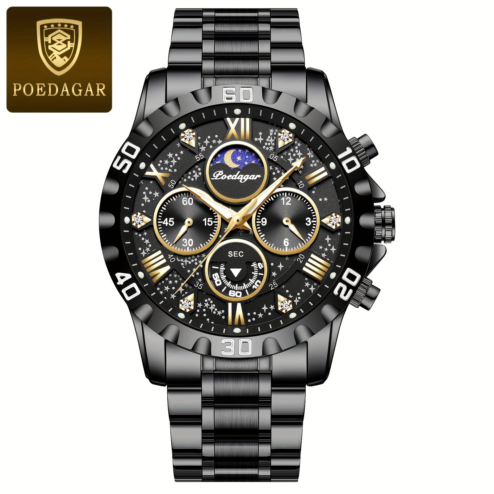 [New Business Water Resistance Watch] POEDAGAR 2024 New Business Executive Men's Quartz Chronograph Watch with Water Resistance, Night Light, and Stainless Steel Band