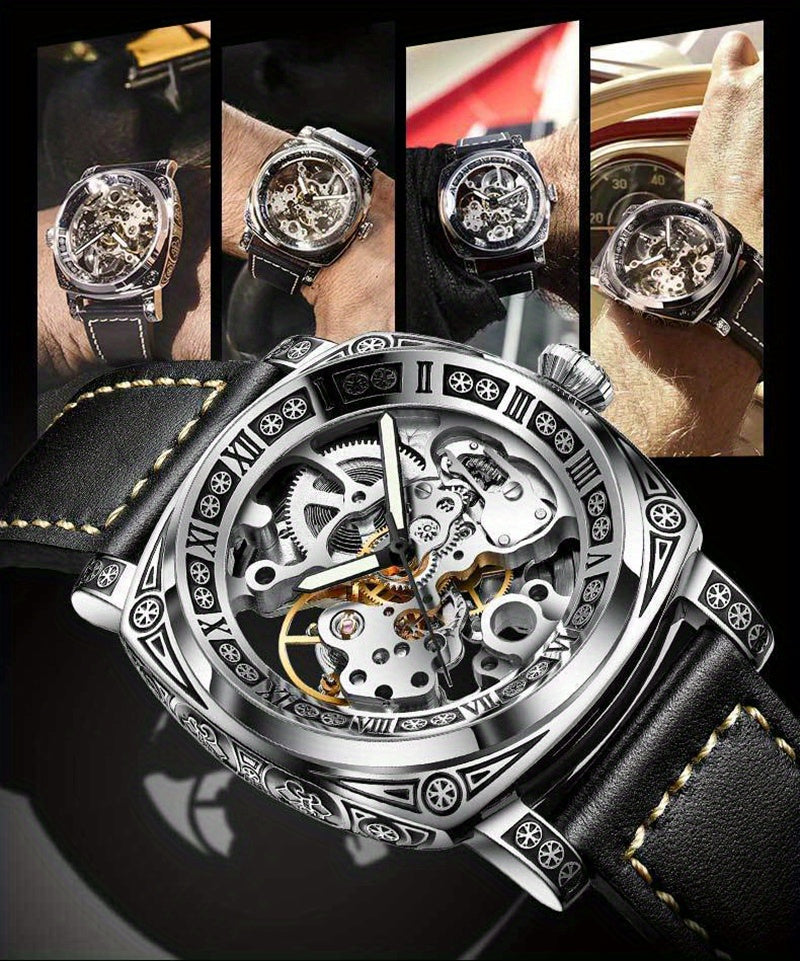 Elegant Mechanical Men's Watch: Self-Winding, Waterproof, with Stylish Hollow Design - Round Dial & Precision Timekeeping