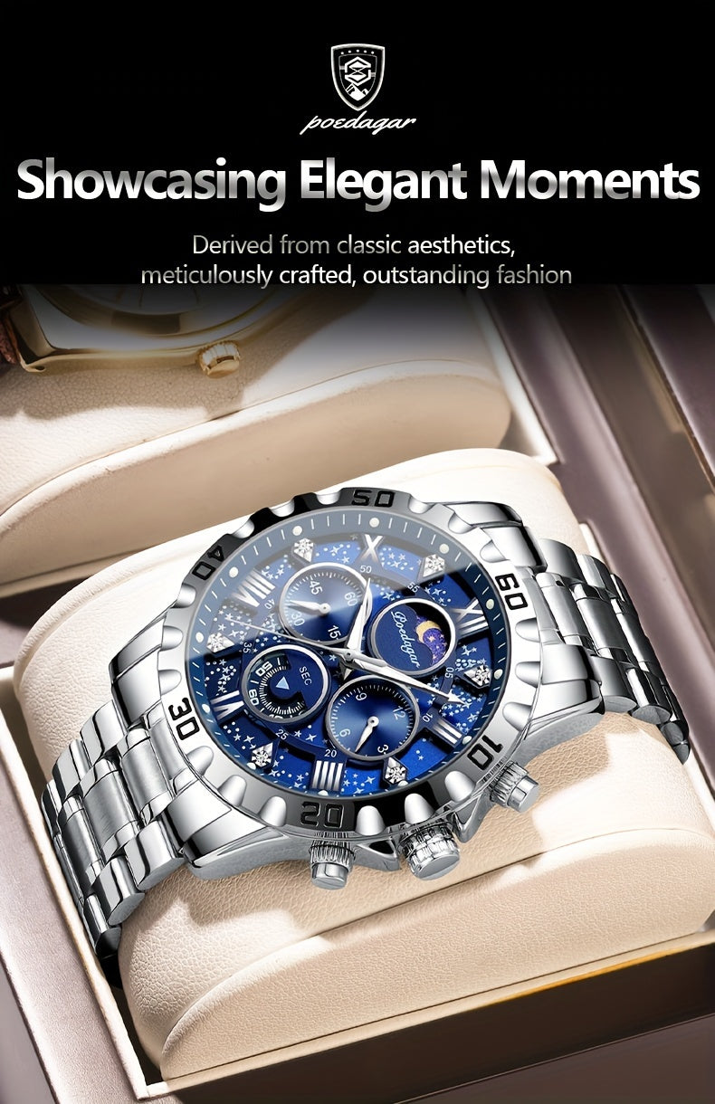 [New Business Water Resistance Watch] POEDAGAR 2024 New Business Executive Men's Quartz Chronograph Watch with Water Resistance, Night Light, and Stainless Steel Band