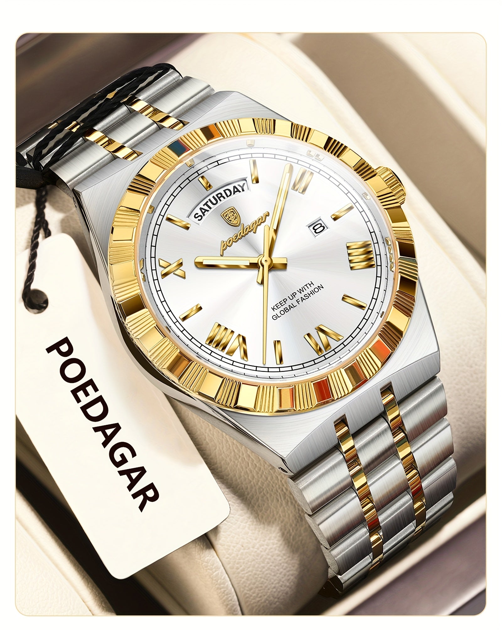 Business Trend Men's Watch Waterproof Calendar Week Stainless Steel Quartz Wristwatch