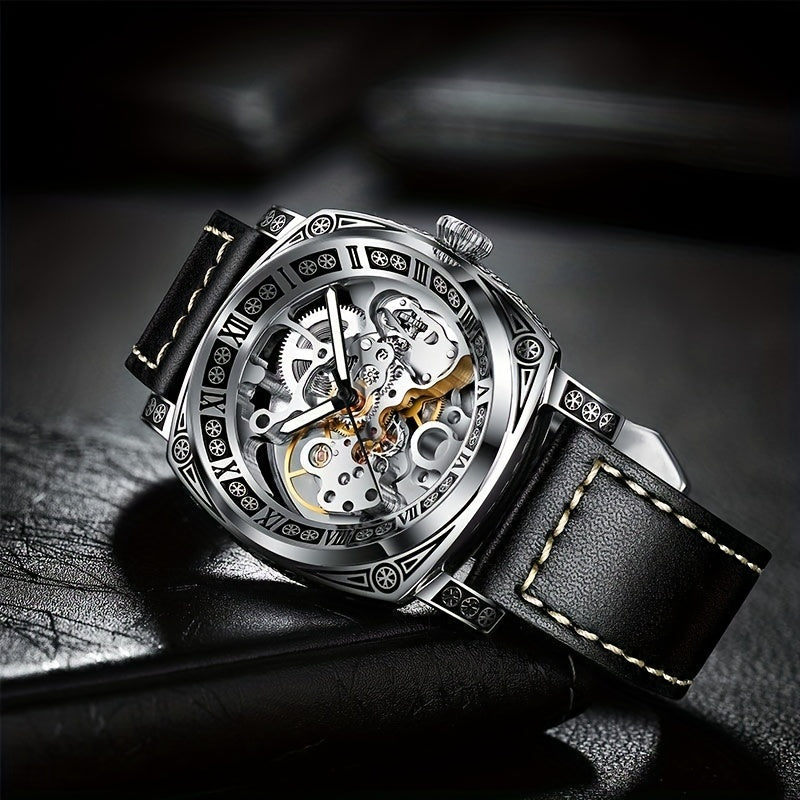 Elegant Mechanical Men's Watch: Self-Winding, Waterproof, with Stylish Hollow Design - Round Dial & Precision Timekeeping