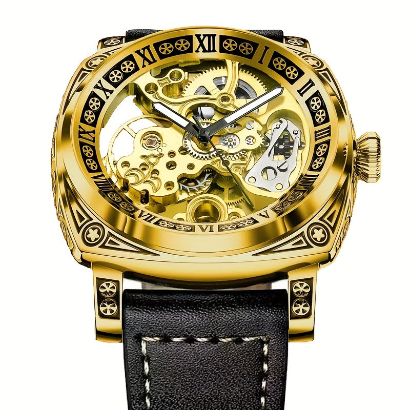 Elegant Mechanical Men's Watch: Self-Winding, Waterproof, with Stylish Hollow Design - Round Dial & Precision Timekeeping