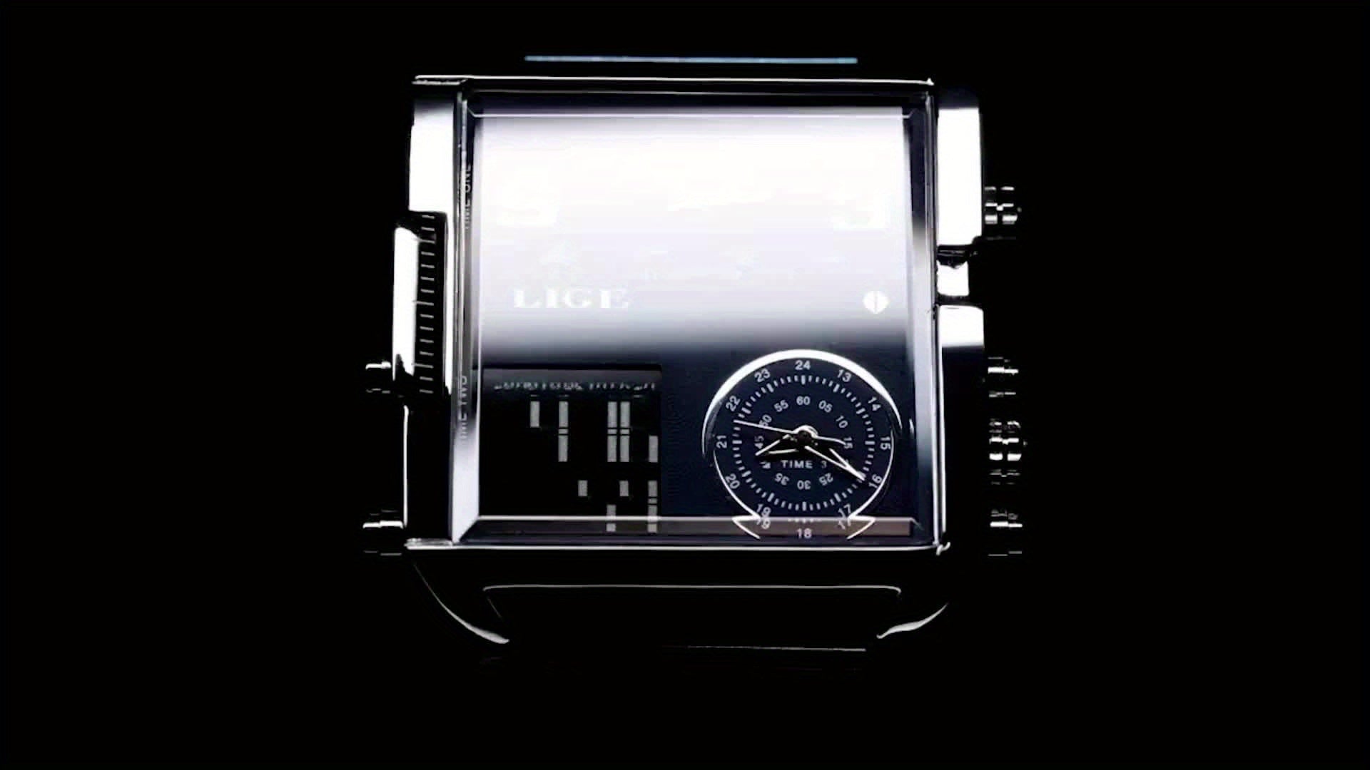 LIGE Fashion Luxury Men's Watch. Watch with Square Stainless Steel Strap. Dual Display Nightlight Second Timer Sports Outdoor Watch. Suitable for Halloween And Christmas Gifts.