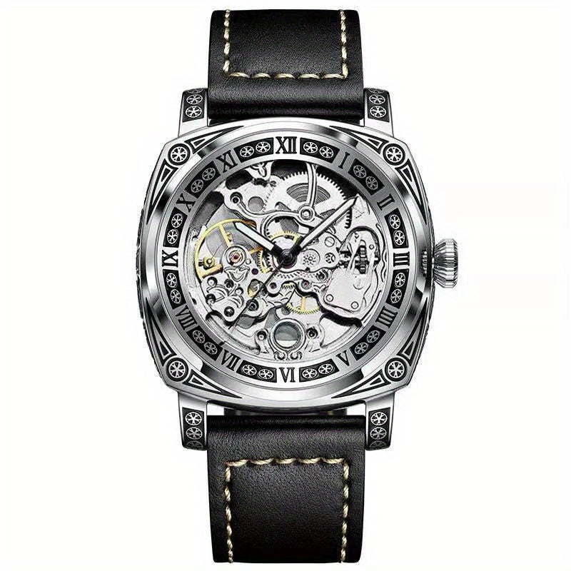 Elegant Mechanical Men's Watch: Self-Winding, Waterproof, with Stylish Hollow Design - Round Dial & Precision Timekeeping