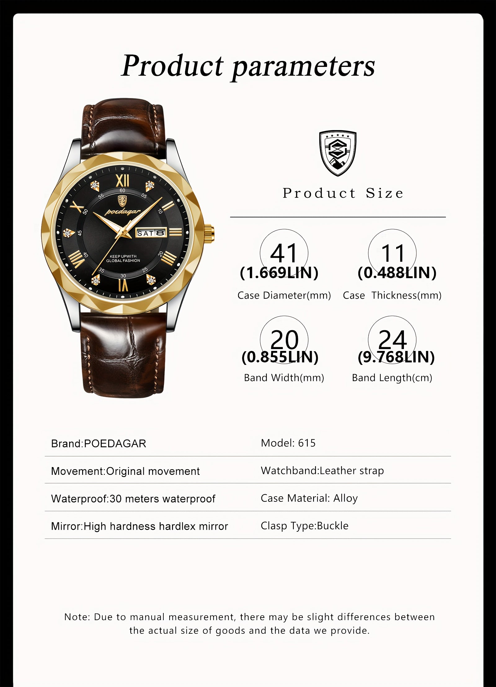 1pc POEDAGAR Men'S Casual Waterproof Luminous Dual Calendar Quartz Watch, Round Alloy Case, PU Leather Strap, Analog Display, 3ATM Dive Resistance, Battery Operated (Non-Rechargeable)