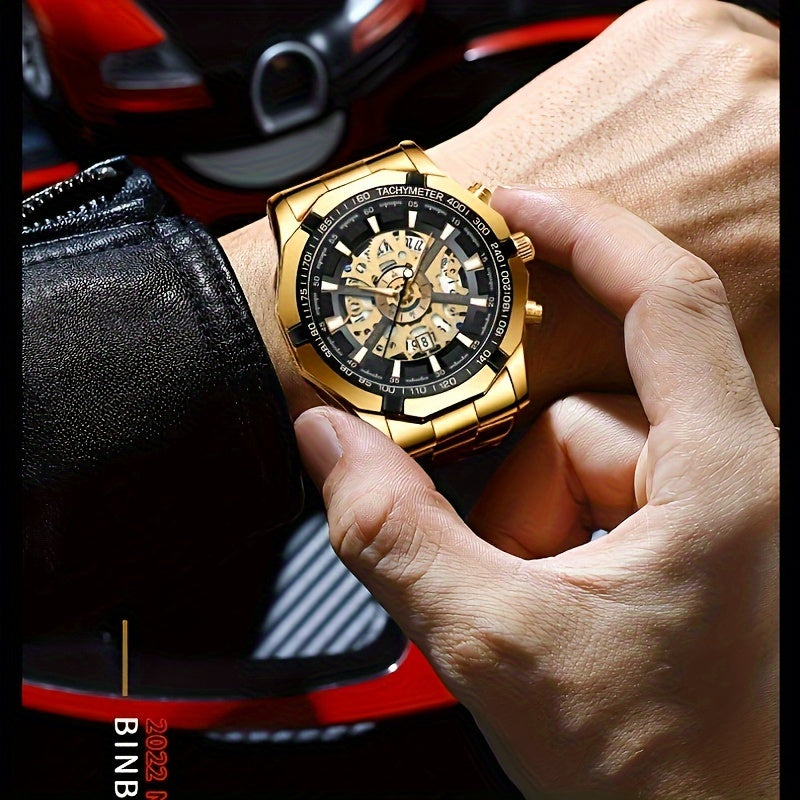 Elegant BINBOND Men's Quartz Watch - Waterproof, Stainless Steel, Round Dial with Calendar and Stopwatch, Rating