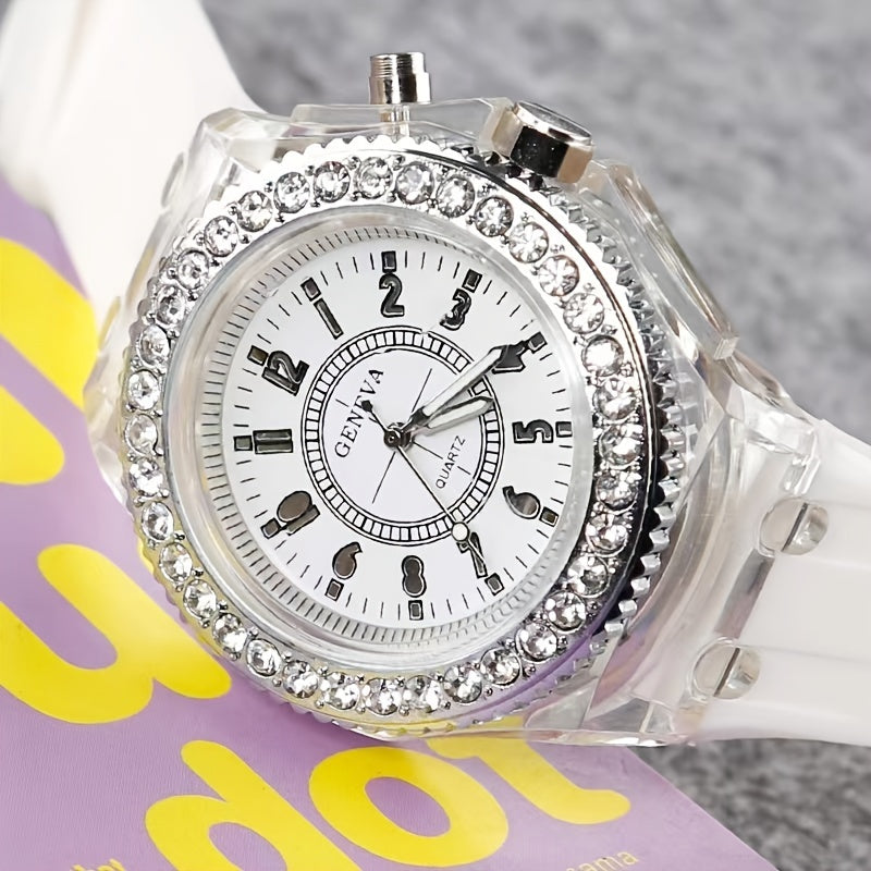 Glow-in-the-Dark LED Trendy Couple'S Watch with Crystal Embellishments, Silicone Strap, and Luminous Display - Perfect for Casual Attire, Casual Watch|Glamorous Timepiece|Polycarbonate Case