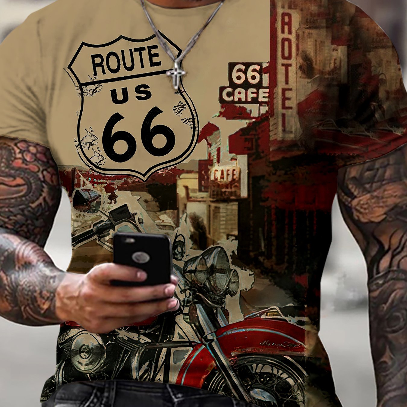 Retro Motorcycle Print, Men's Graphic Design Crew Neck Active T-shirt, Casual Comfy Tees Tshirts For Summer, Men's Clothing Tops For Daily Gym Workout Running
