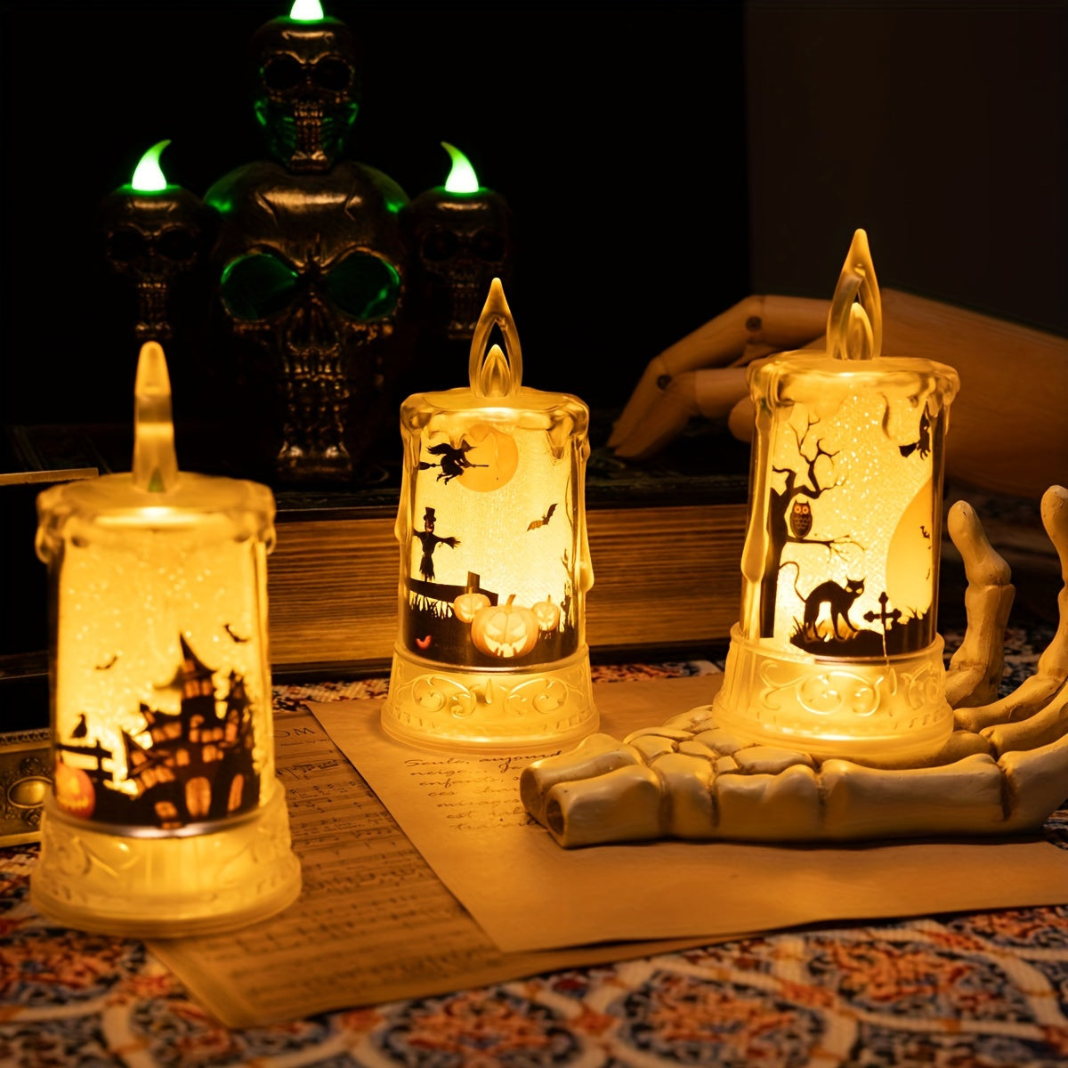 Halloween LED Candle Lights, 1-Pack, Spooky Tabletop Decorations, Plastic Flickering Flameless Pillar Candles, Includes Batteries, Halloween Party Supplies, Ghostly Scene Props, Button Battery Operated