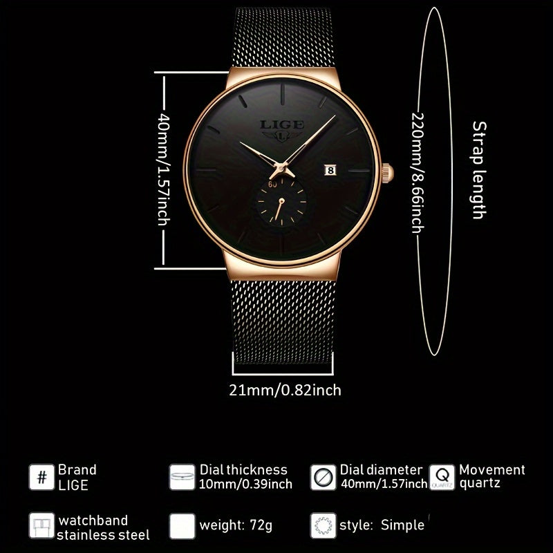 LIGE Fashion Men's Watch Top Brand Luxury Quartz Watch Men's Casual Ultra-thin Mesh Steel Sports Watch