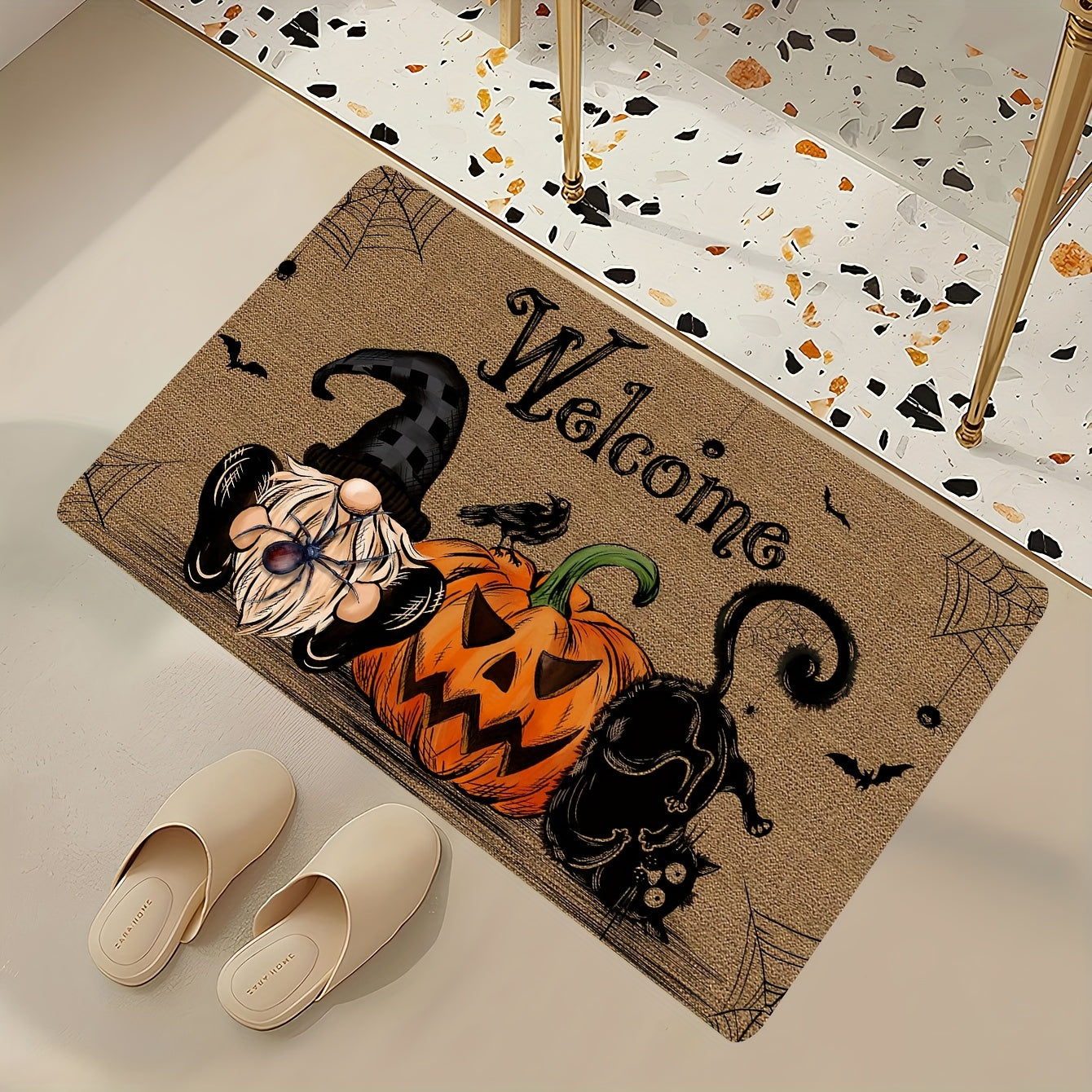 Halloween-Themed Non-Slip Door Mat With Pumpkin, Black Cat & Gnomes Design - Washable Polyester Entrance Rug For Home & Kitchen Decor