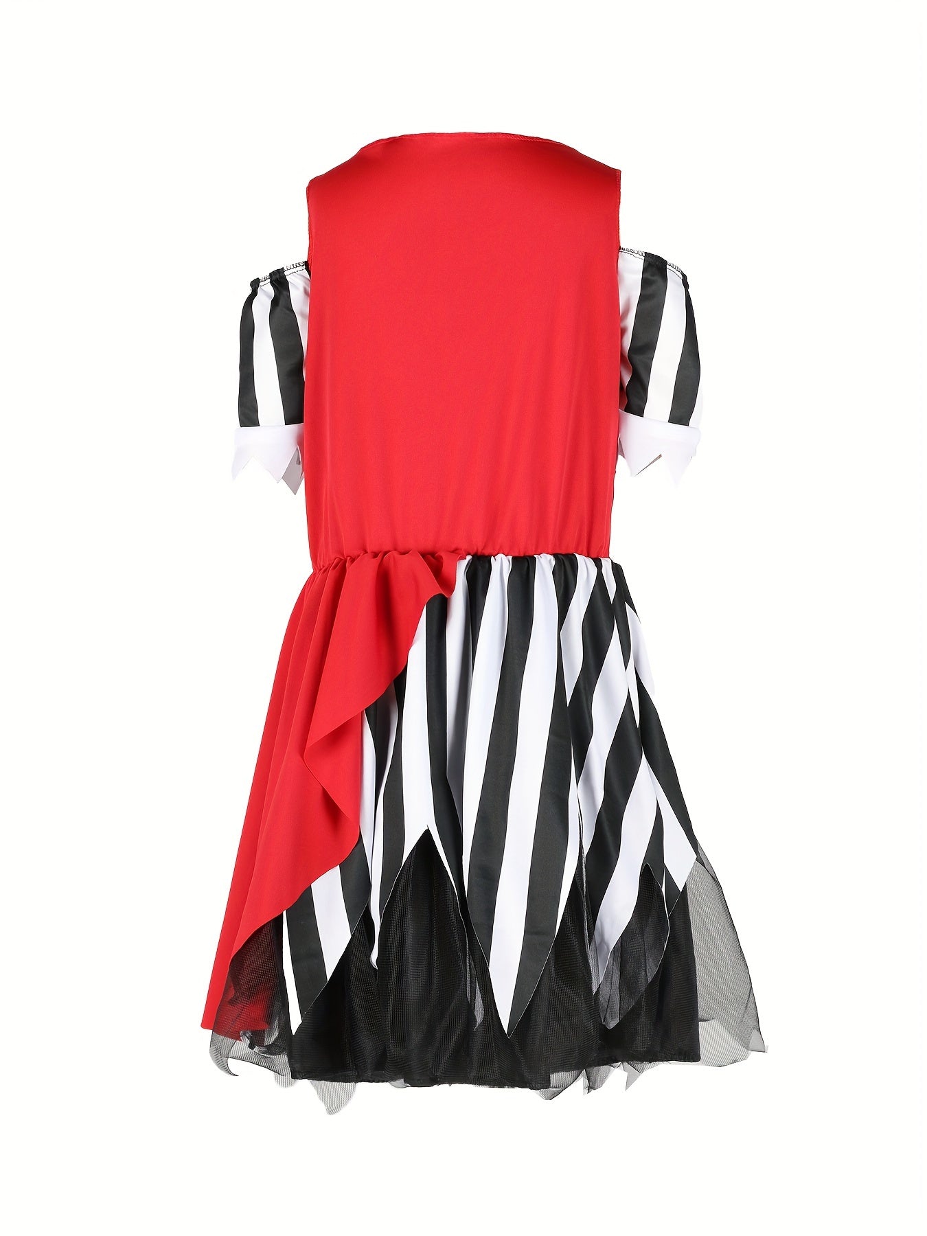 Girls Fun & Cool Off Shoulder Crisscross Strap Front Crossbone Pattern Asymmetrical Dress & Striped Headband For Halloween Party, Girls Pirate Dress Up Outfit, 2pcs