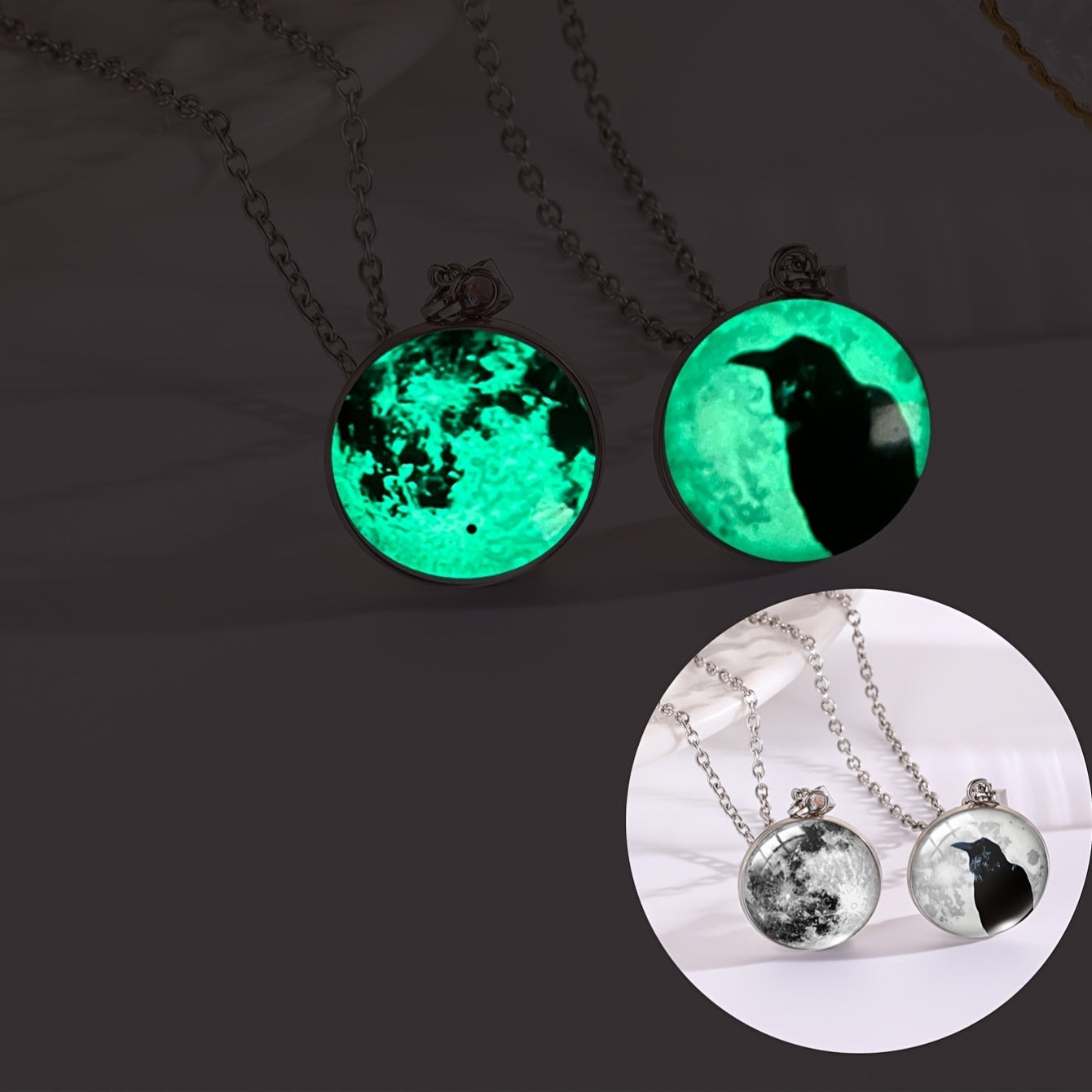 Elegant Gothic Style Stainless Steel Pendants, 2PC Set Full Moon Raven Necklace, No Plating Round Shaped Pendants, Simple Vintage Jewelry for Halloween Celebrations