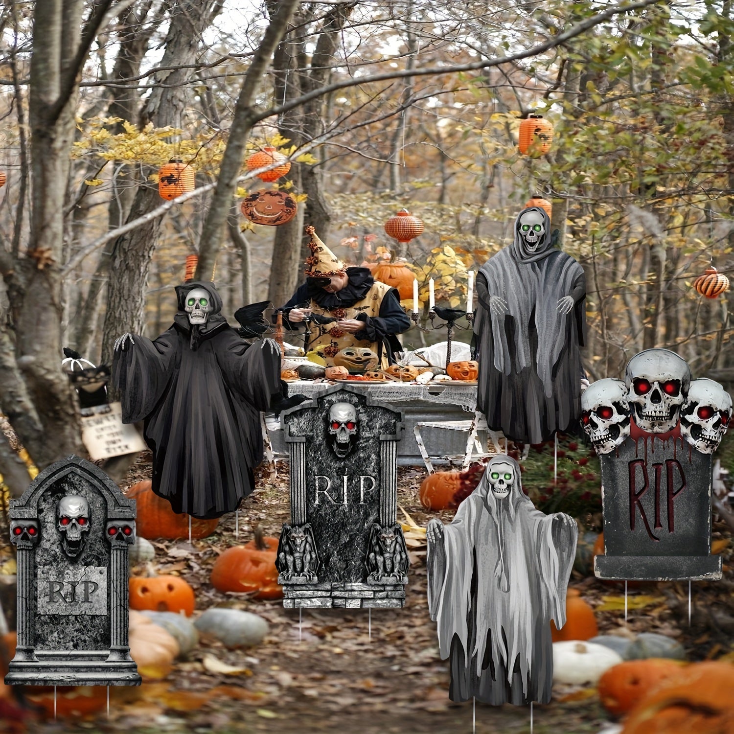 6-pack Spooky 6-Pack Halloween Yard Decorations: Plastic Ghosts & Tombstones with Stakes for Lawn Graveyard Display