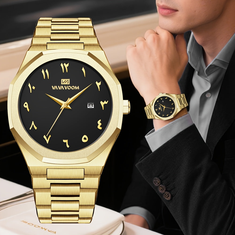 [Luxury Men's Watch] VA VA VOOM Luxury Men's Watch | Stainless Steel Black & Golden Chronograph with Arabic Numerals, Quartz Movement, Elegant Business Style | Perfect Gift for Dad, Husband, Boyfriend on Father's Day, Valenti