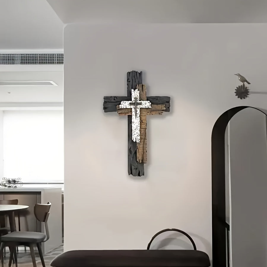 Rustic Wooden Wall Cross Decor - Layered, Space-Themed, Faux Wood Hanging Art Piece with Unique Texture - Perfect for Living Room, Religious Decor, Christmas, Halloween, Easter Celebrations, and Home Decor